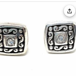 Brighton Rio Sterling Silver Square Scroll Stud Earrings w/Clear Stone